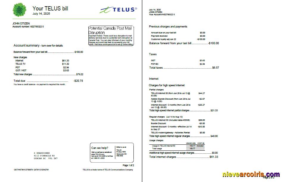 Canada Telus utility bill, 2 pages